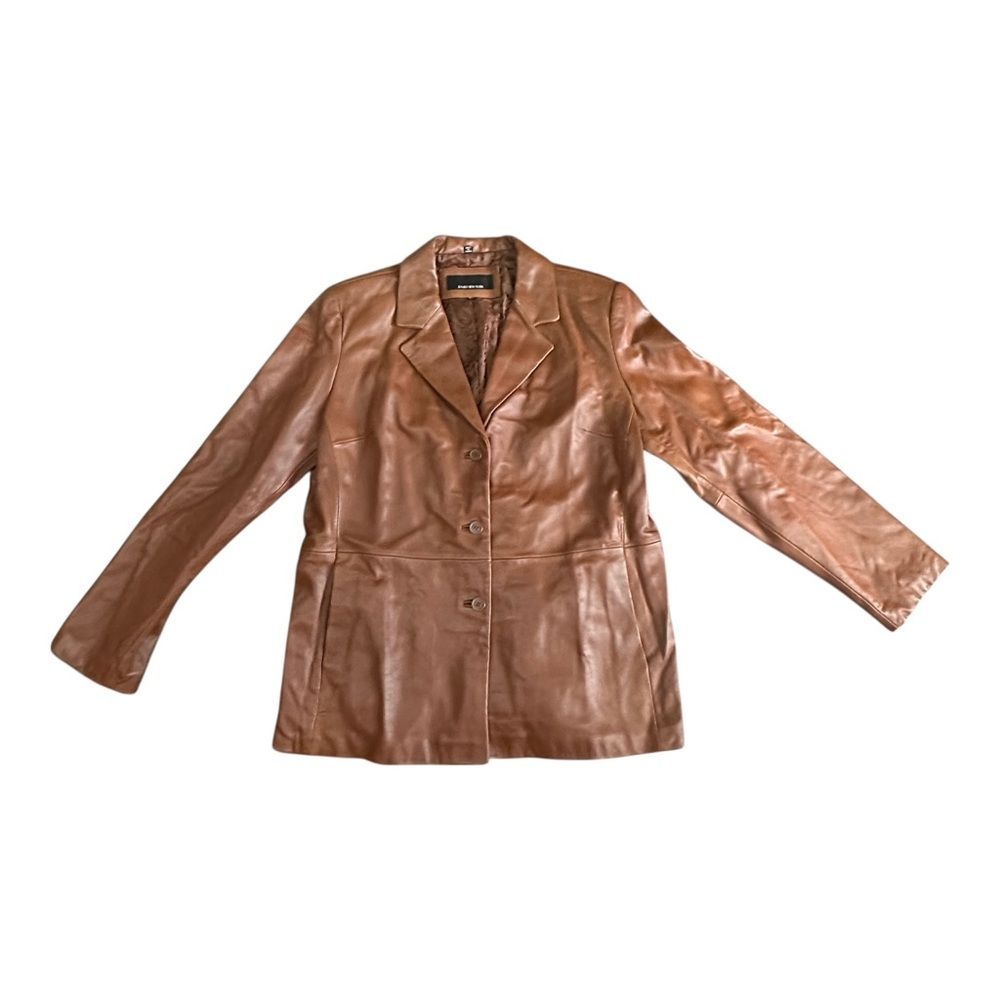 Jones New York Women’s XL Genuine Leather Blazer Cognac Brown Button Jacket - Picture 2 of 7